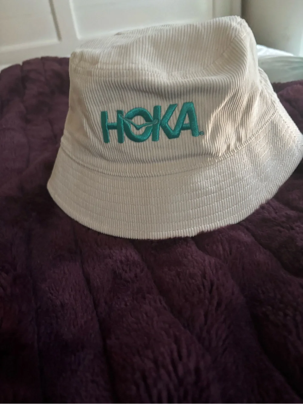Hoka Cream Corduroy Bucket Hat with Teal Logo